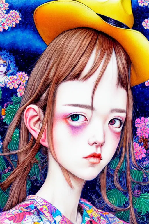 Image similar to girl wearing cowboy hat, style of yoshii chie and hikari shimoda and martine johanna, highly detailed