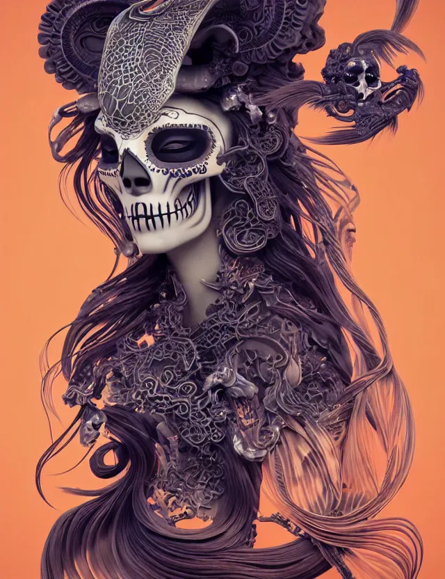 Image similar to 3 d goddess skull half - turn portrait with long hair with ram skull. beautiful intricately detailed japanese crow kitsune mask and clasical japanese kimono. betta fish, jellyfish phoenix, bio luminescent, plasma, ice, water, wind, creature, artwork by tooth wu and wlop and beeple and greg rutkowski