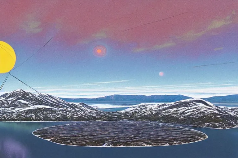 Image similar to a giant ((((metallic)))) floating sphere covered in canadian colorful aboriginal patterns!! hovering above a Yukon lake, (painted by Ralph McQuarrie), matte painting, very detailed, cold colors, concept art