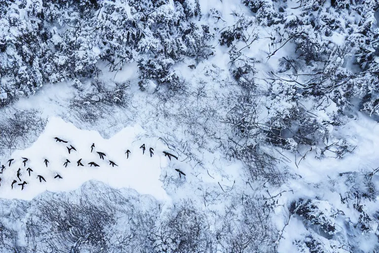 Prompt: taking from above, snow - covered beach, and lots of wolves there. high detail, photorealistic, good lighting, unbelievable.