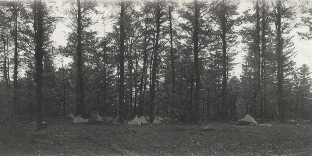 Prompt: Empty campsite in an ominous forest, 1900s photography