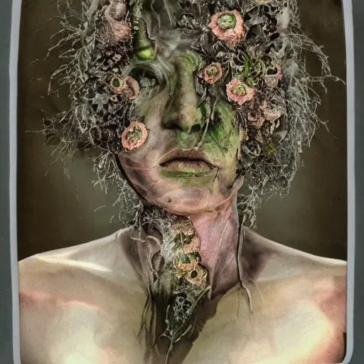 Image similar to a beautiful detailed front view portrait of a rotten woman corpse with fractal plants and fractal flowers growing around, volumetric light, beautiful lit, polaroid photography