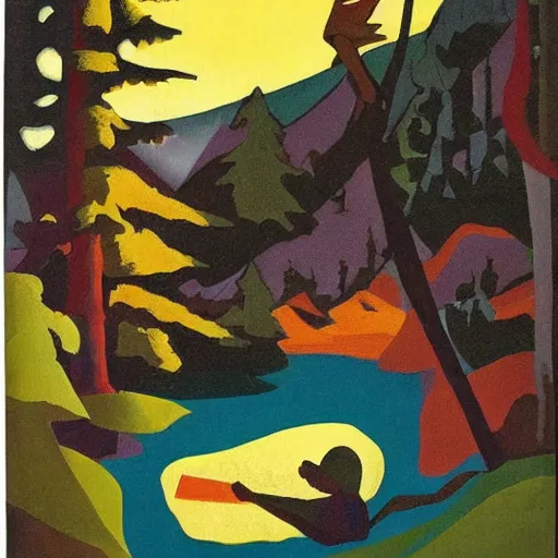 Prompt: a scenic view of a kid on a florest t with a ghost that shines near to a lake, pale light, a realistic colorful painting by Aaron Douglas