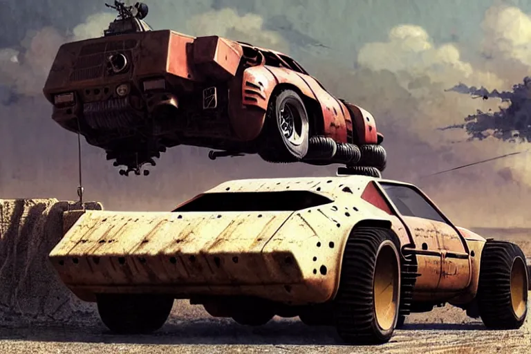 Image similar to dieselpunk mad max alpine a 3 1 0 with guns installed, painted by greg rutkowski makoto shinkai takashi takeuchi studio ghibli, akihiko yoshida