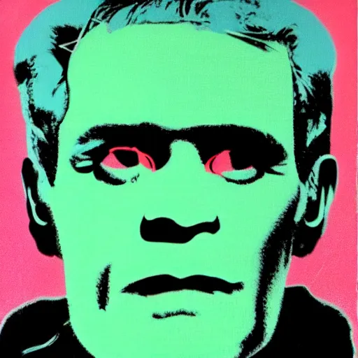 Prompt: frankenstein silk screen portrait by andy warhol, butcher billy style