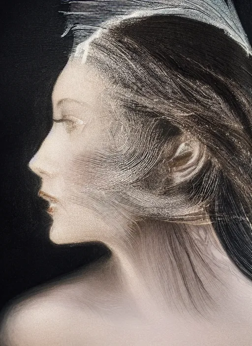 Image similar to a woman's face in profile, looking up, made of exotic transparent feathers, in the style of the Dutch masters and Gregory Crewdson, dark and moody