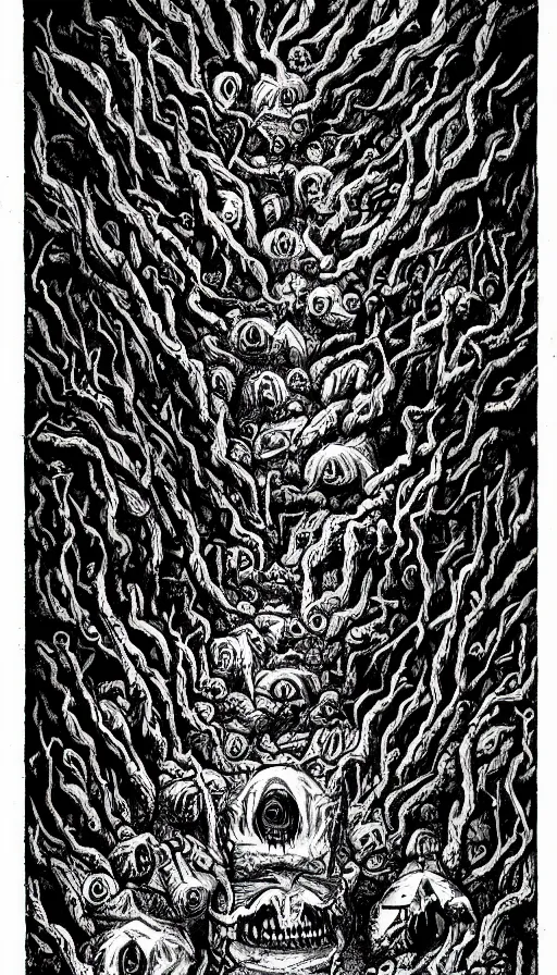 Image similar to a storm vortex made of many demonic eyes and teeth over a forest, by steve argyle