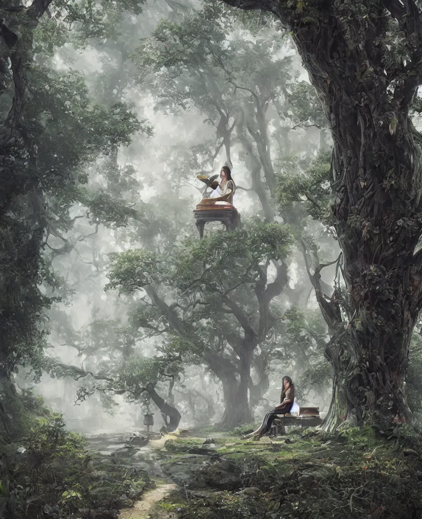 Image similar to woman playing a piano sitting on a giant tree, very detailed, 8k, maximized, ornate, masterpiece, complex, by Greg rutkowski, Alex Gray, surrounded by smoke