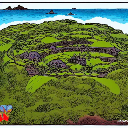 Image similar to Drone view of hobbit monastery on Hawai'i. Patrick Stewart as abbott, in the style of Jim Woodring, moebius