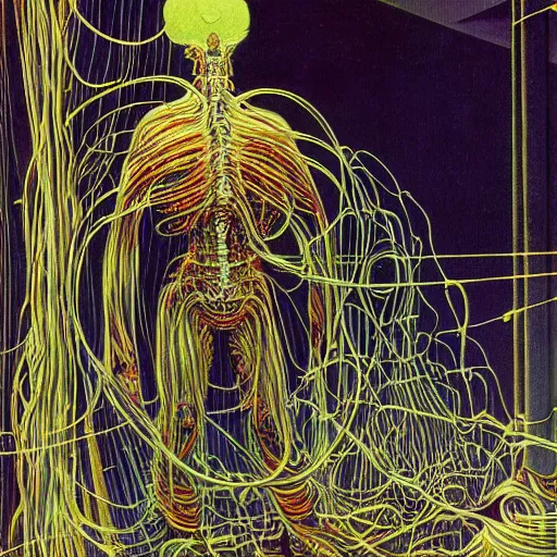 Prompt: a cyborg with many wires and cables Bursting out of them uncontrollably by Zdzisław Beksiński and syd mead