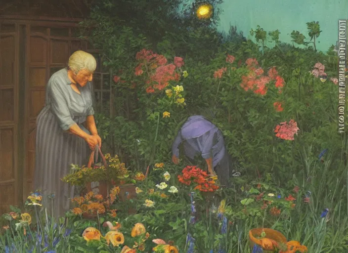 Image similar to oil painting by ralph maquarrie of an old lady tending to her garden at night, garden full of flowers