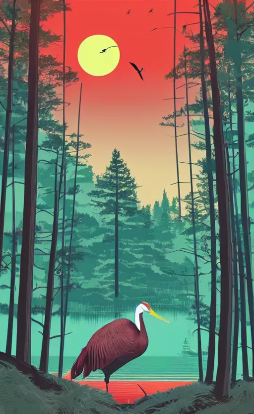 Image similar to fresh trump card design, vector art, a huge japanese crane bird is chilling above a lake in the middle of a forest of japanese pines, a big red sun in the background, front of game card, clean elements, trending on kickstarter, stunning, solid colors