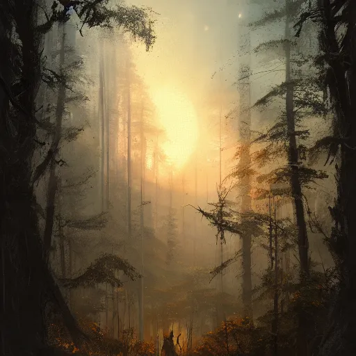 Prompt: view from window, beautiful forest, sunset, high detail, dramatic light, digital art, dark, painted by seb mckinnon and greg rutkowski, trending on artstation