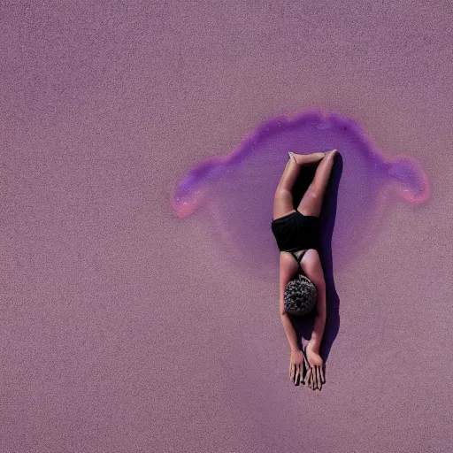 Prompt: overhead view of iridiscent oil spill in desert sand tempest with women corpses connected by cables and computers to wax forms to a buried baby relaxing on yoga mat, faded, purple gradient, dust, purple fog, depth of field, by edward burtynsky and nadav kander, 8 k, sad atmosphere, cinematic