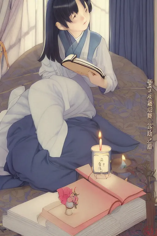 Image similar to a digital painting of a girl in Japanese high school uniform reading a book with a cat and candle in A comfortable bed room at midnight,blue and grey theme,blue theme,S line, by krenz cushart and mucha and range murata and greg rutkowski