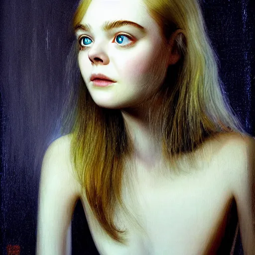 Prompt: Elle Fanning in a nightmare, head and shoulders portrait, extremely detailed masterpiece, Roger Deakin’s cinematography, illustration, by Michael Sowa,