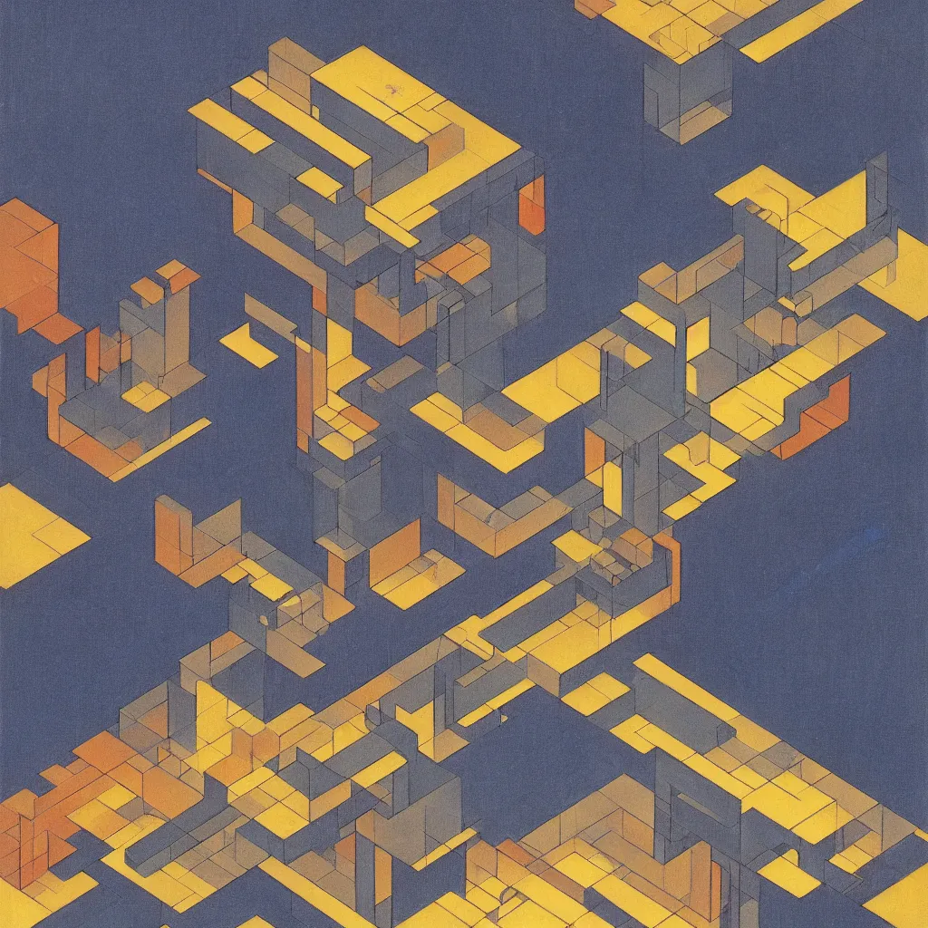 Image similar to isometric artdeco infinite stairs at night by frank lloyd wright, isometric, painted by piet mondrian