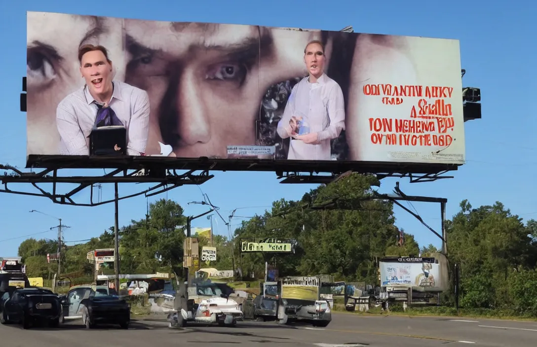 Prompt: jerma on a billboard on the side of the road