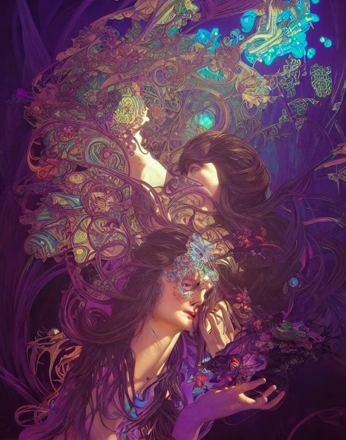 Image similar to psychedelic acid trip, blacklight reactive, fantasy, intricate, elegant, highly detailed, digital painting, artstation, concept art, matte, sharp focus, illustration, art by Artgerm and Greg Rutkowski and Alphonse Mucha