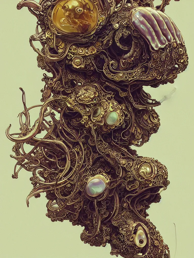 Image similar to close-up portrait ram skull abstract 3d composition. jellyfish phoenix head, nautilus, orchid, moebius, mucha, New art nouveau, skull, gold betta fish, bioluminiscent creatures, intricate artwork by Tooth Wu and wlop and beeple. octane render, trending on artstation, greg rutkowski very coherent symmetrical artwork. cinematic, hyper realism, high detail, octane render, 8k