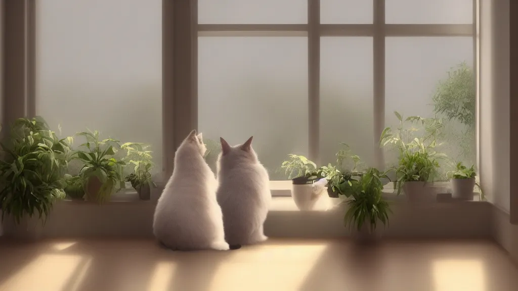 Image similar to beautiful peaceful dreamy painting of a content cat sitting by a window and looking outside, sunshine coming through the window, small plants on the window sill, 8k, hyper realism, trending on artstation, octane render