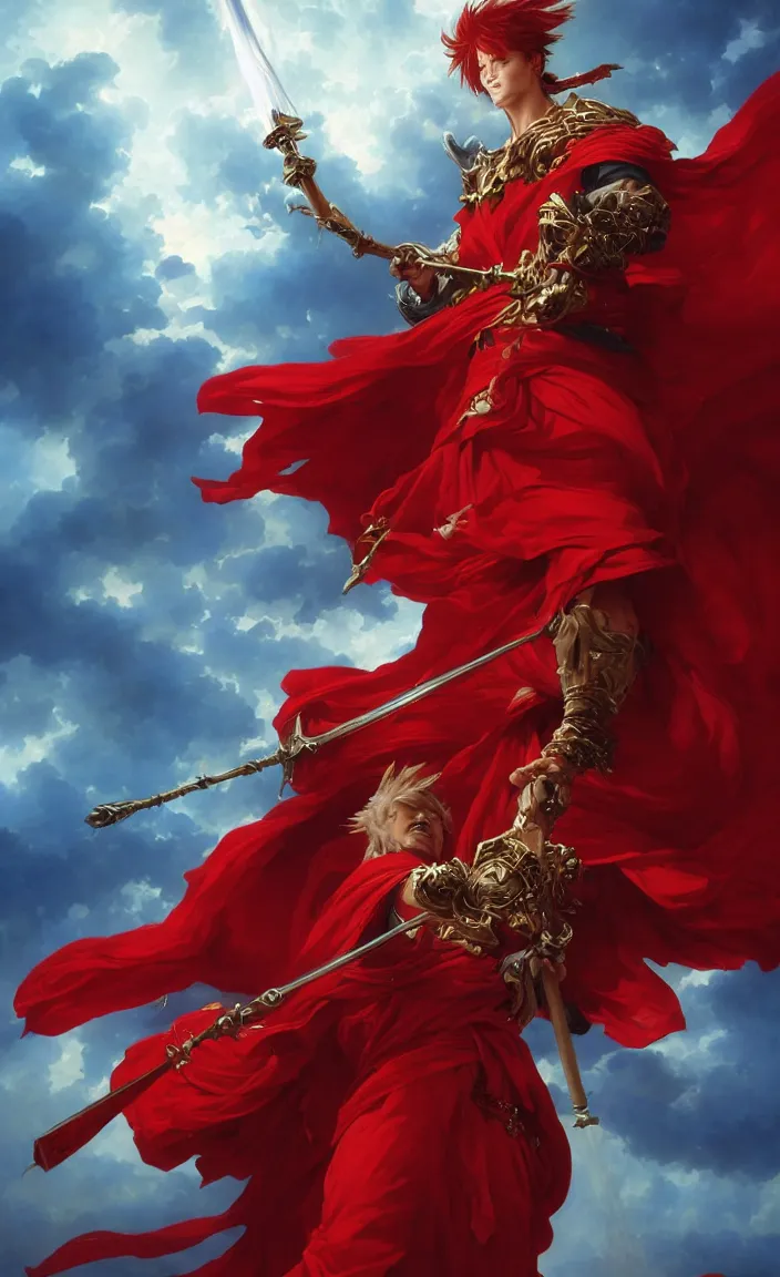 Image similar to A boisterous Red Mage wearing striped shining armor holding a staff of power surrounded by an epic cloudscape. The Magus Omega . Red Wizard. Morpheus. masterpiece. 4k digital illustration. by Ruan Jia and Artgerm and Andreas Rocha and William-Adolphe Bouguereau and Edmund Blair Leighton. award winning, Artstation, intricate details, realistic, Hyperdetailed, 8k resolution. Concept Painting. Key Art