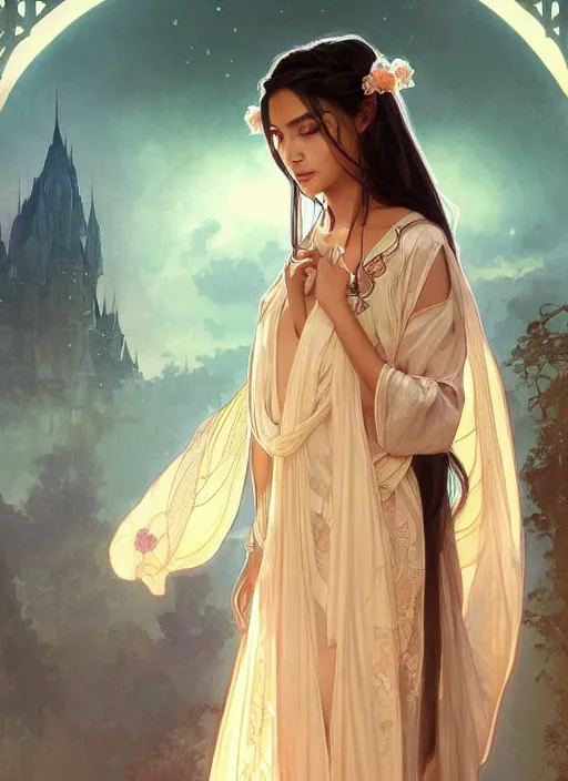 Image similar to cute brown woman wearing a transparent night gown and hanfu face veil, fantasy, intricate, highly detailed, digital painting, artstation, concept art, wallpaper, smooth, sharp focus, illustration, art by artgerm and greg rutkowski and alphonse mucha