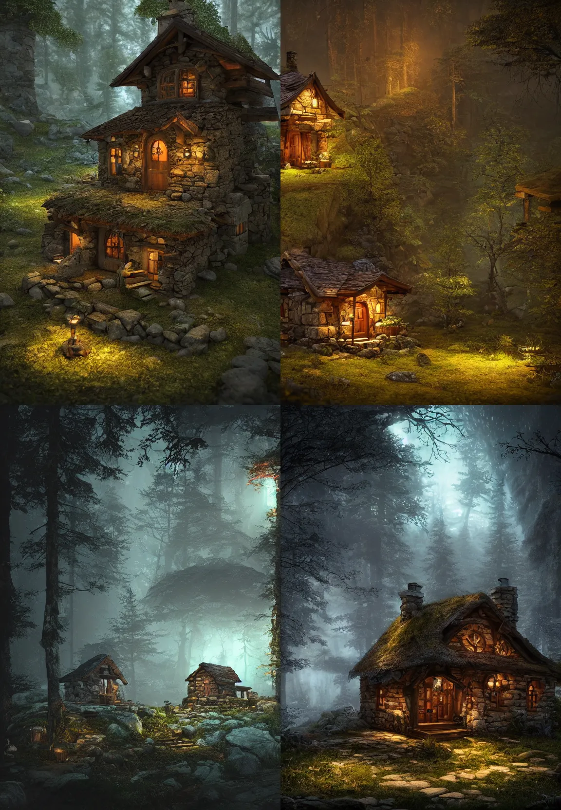 Prompt: small stone cabin on a fantasy forest at night, artstation hq, photorealistic, hiperrealistic, sharp focus, 4 k uhd, unreal engine 5, cinematic shot, cinematic lightning, dark tones, high contrast, intricate, masterpiece, brian froud