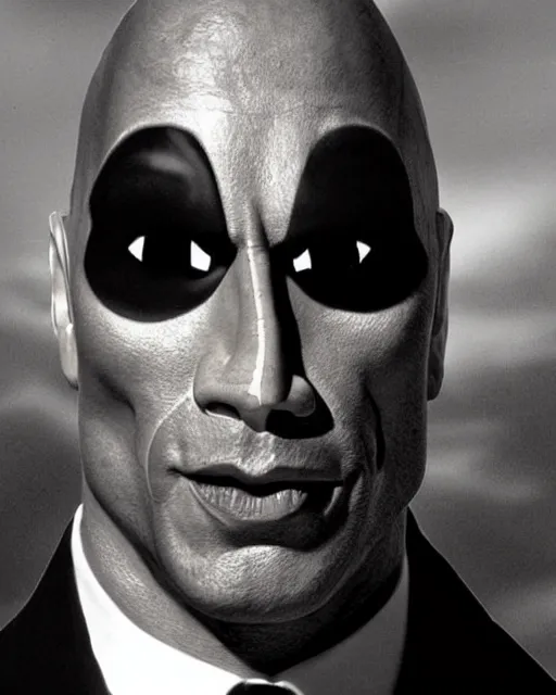 Prompt: film still close - up shot of dwayne johnson as stanley ipkiss from the movie the mask. photographic, photography