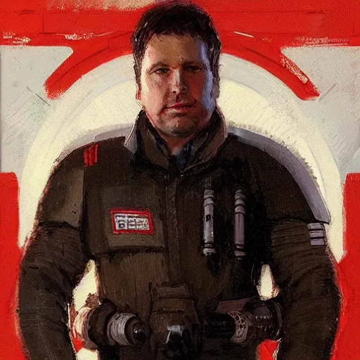 Image similar to portrait of a man by greg rutkowski, he looks like greg grunberg, tall and burly, star wars expanded universe, he is about 3 0 years old, wearing red and white starfighter pilot uniform from the galactic triunvirate.