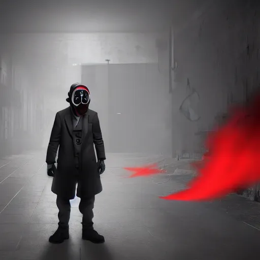 Image similar to hooden villain wearing a gas mask with red goggles, smoke coming out of his body and coat, dark background, wall with graffiti, unreal engine 5, ultra realistic, detailed, fog, artstation,