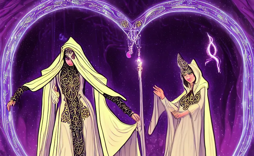 Prompt: a beautful sorceress wearing an ornate circlet and hooded robe creating a new spell in an ancient futuristic sanctuary