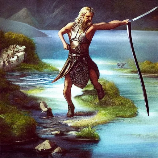 Prompt: “realistic rendition of king Arthur taking the sword from the lake, high definition, realistic water reflections, high quality”