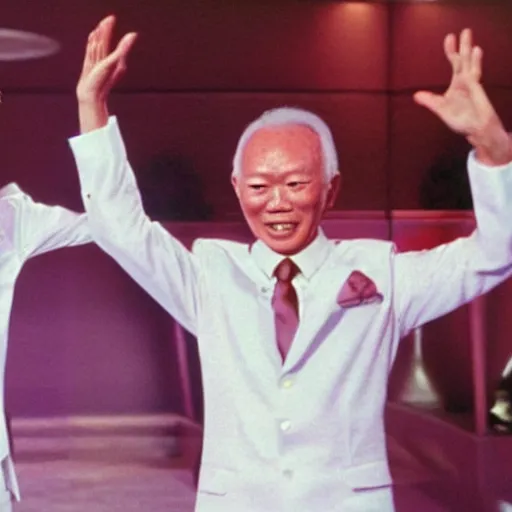 Image similar to A still of Lee Kuan Yew wearing a disco suit in Saturday Night Fever