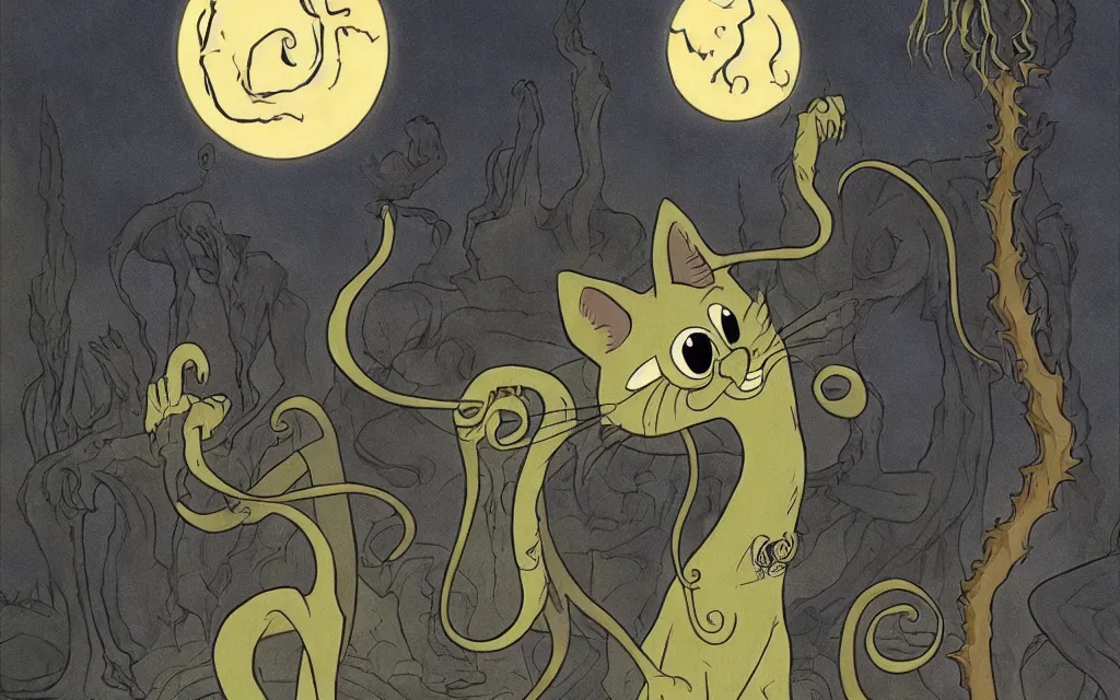 Image similar to a black eldritch cat threatening, hermaeus mora, disney cartoon, Aristocats