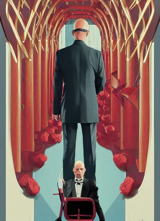 Image similar to poster artwork by Michael Whelan and Tomer Hanuka, Karol Bak John Malkovich is a conductor in tuxedo tails, from scene from Twin Peaks, clean