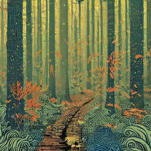 Prompt: linocut print of fantasy forest, amazing art, highly detailed, intricate, color, masterpiece, by victo ngai, craig mullins,