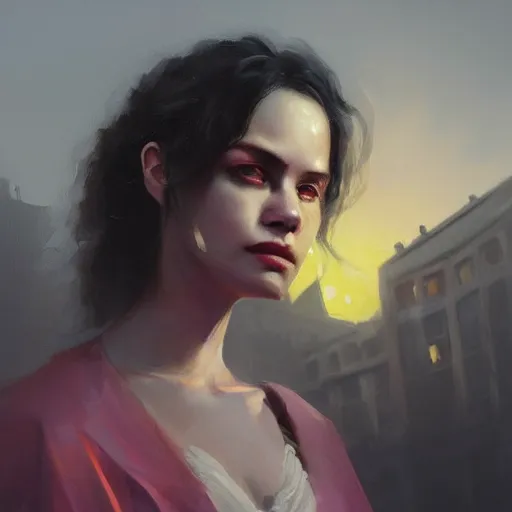 Image similar to closeup portrait of esme augusta bianco, dramatic lighting, city background, sunset, chiaroscuro, complementary contrast high detail, painted by greg rutkowski, painted by igor kieryluk, painted by bobby chiu, trending on artstation