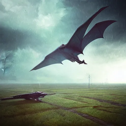 Prompt: dragon, huge wings, bad weather ， spitfire ， photography, hyperrealistic, by beeple, greg rutkowski, caspar david friedrich, smooth, illustration, elegant, artstation, digital painting.