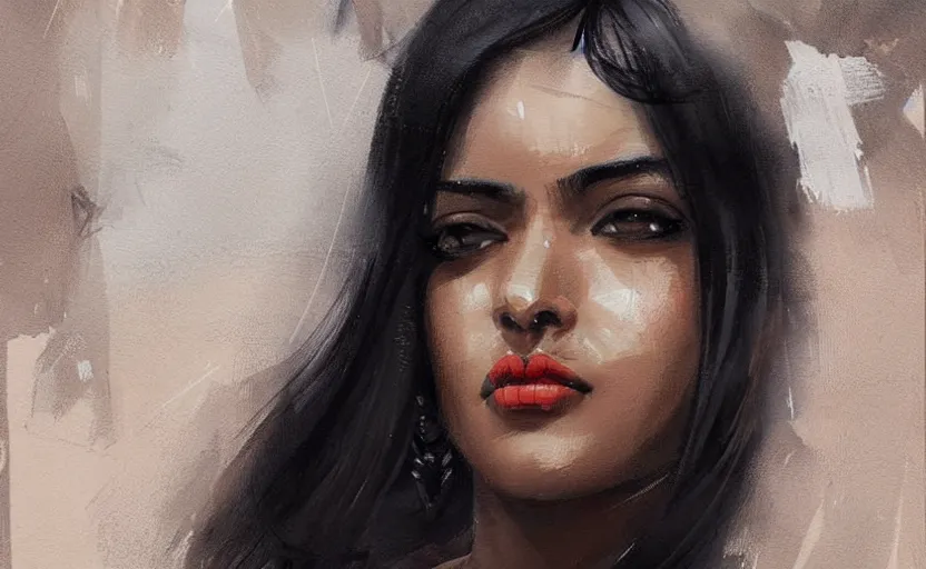 Image similar to a painting of a beautiful indian woman with black hair trending on artstation in the style of greg rutkowski
