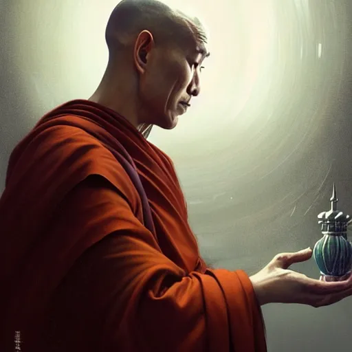 Image similar to ultra realistic illustration, buddhist monk meditating, cyberpunk, sci-fi, fantasy, intricate, elegant, highly detailed, digital painting, trending on artstation, sharp focus, illustration art in the style of artgerm, by greg rutkowski, by albrecht durer W 1024