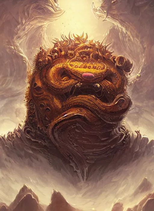 Image similar to portrait of Garfield as a large Lovcraftian monster, fantasy, intricate, elegant, highly detailed, digital painting, artstation, concept art, smooth, sharp focus, illustration, art by artgerm and greg rutkowski