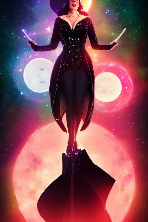 Image similar to a zatanna dc comics, wearing a dress made of stars and nebulae, dramatic, volumetric lighting, planets in the background, smooth, sharp focus, very detailed, by greg rutkowski, artstation, tom badshaw, 8 k, symmetrical face