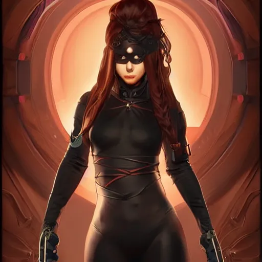 Image similar to character concept, portrait, symmetrical head - on centralized, young women with dark ninja clothes. detailed, high quality, dynamic lightning, fantasy, scenematic. artwork by artgerm, wlop, alex ross, greg rutknowski, alphonse mucha