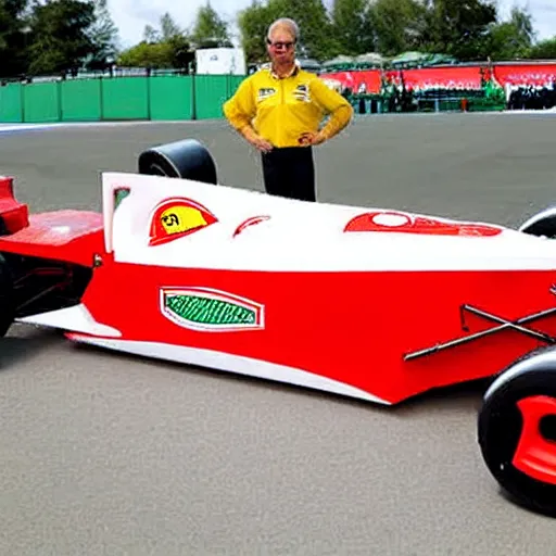 Image similar to a formula 1 racecar, made out of watermelon carving pieces,