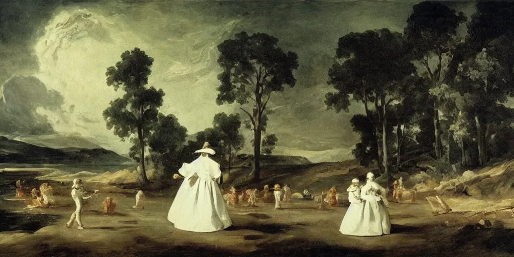 Image similar to hyperrealismBaptism on the river girls in white capes and robot skeletons landscape in style of Goya