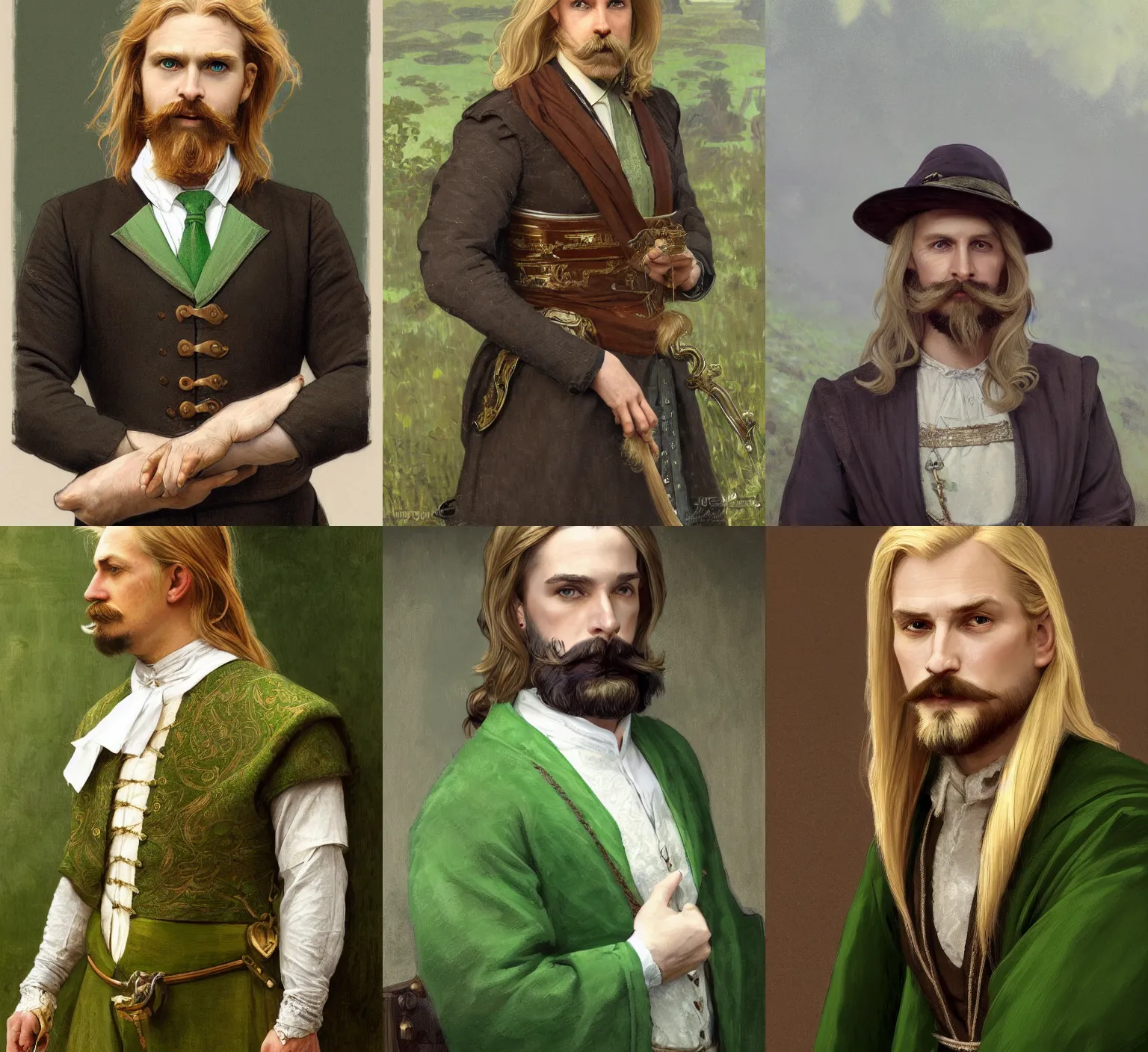 Prompt: medium-length portrait of a 35-year-old male noble with long blonde hair and green eyes, white skin, blonde handlebar mustache, no beard, smug smirk, elegant green clothing, medieval setting, highly detailed, digital painting, artstation, concept art, sharp focus, illustration, art by greg rutkowski and alphonse mucha