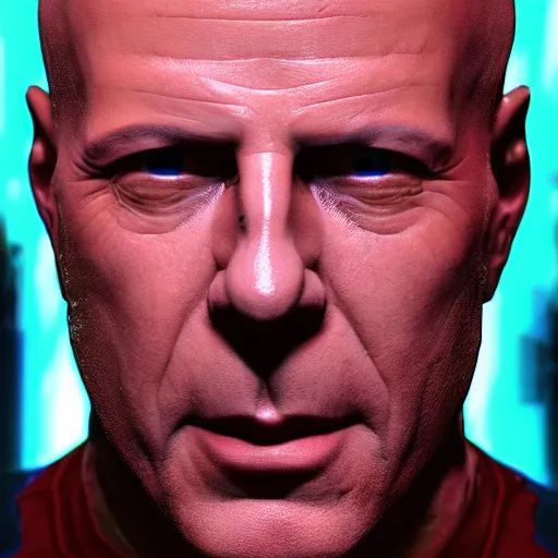 Image similar to bruce willis portrait, cyberpunk 2 0 7 7, cyberpsycho, photorealistic, ultra detailed, neon, octane, bokeh, cyber, cyberpunk city, feature, scars, cyberface, 8 k