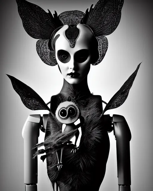 Image similar to surreal mythical dreamy dark artistic black and white fine art 3 / 4 fashion portrait photo of a young beautiful delicate female robot - witch - owl with orchid - doll face, rim light, cinematic, studio dramatic light, poetic, masterpiece, octane render, 8 k, photo - realistic by gustave dore hg giger