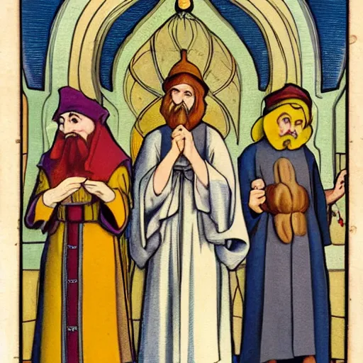 Image similar to seven dwarves in catholic religious garb with halos, background of poison apples, art nouveau